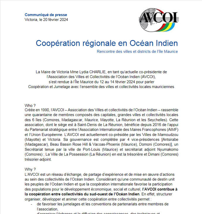 Communiqué de presse du déplacement à Maurice de l'AVCOI en février 2024